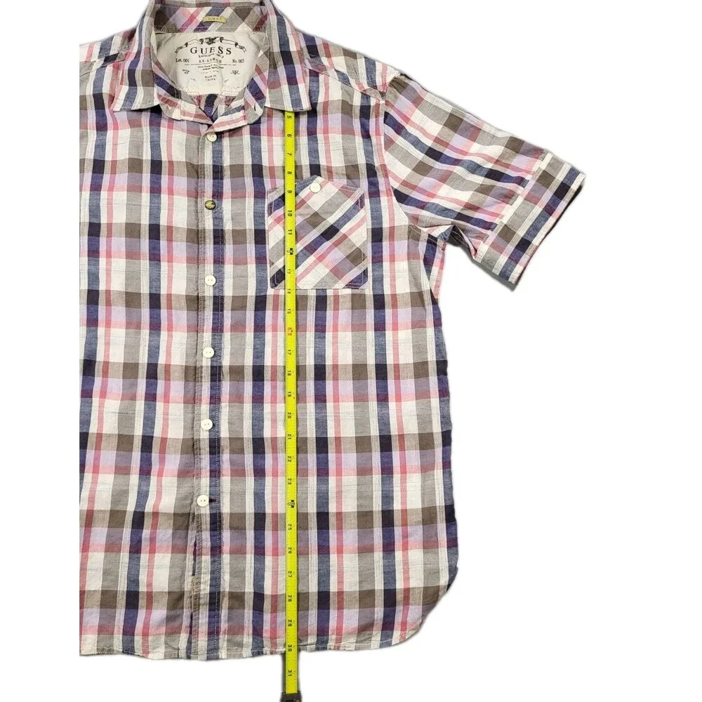 GUESS Men's Slim Fit Short Sleeve Plaid Shirt - Multicolor (Blue/Pink/Gray) - Picture 8 of 14